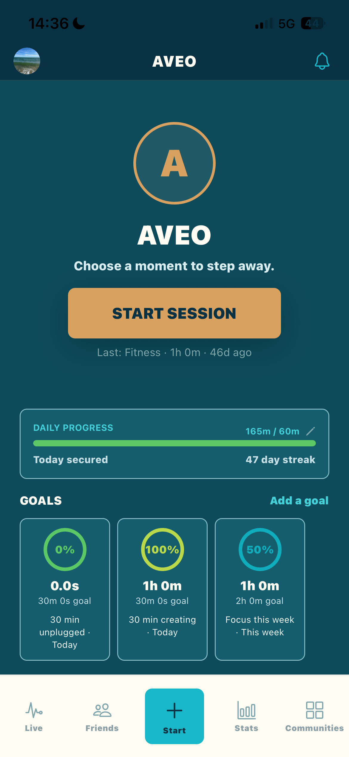 AVEO home screen with daily progress and 47-day streak