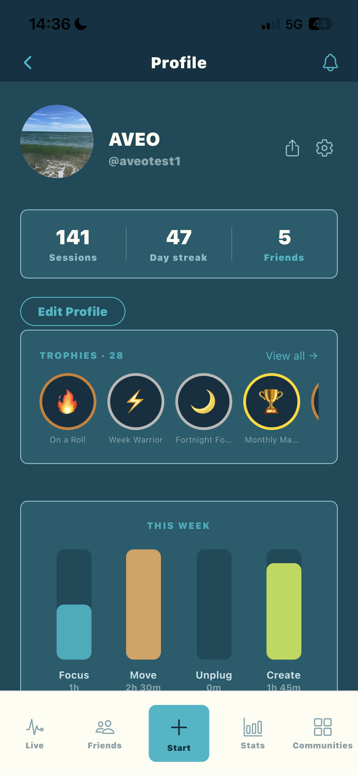 AVEO profile screen with sessions, streak and trophies