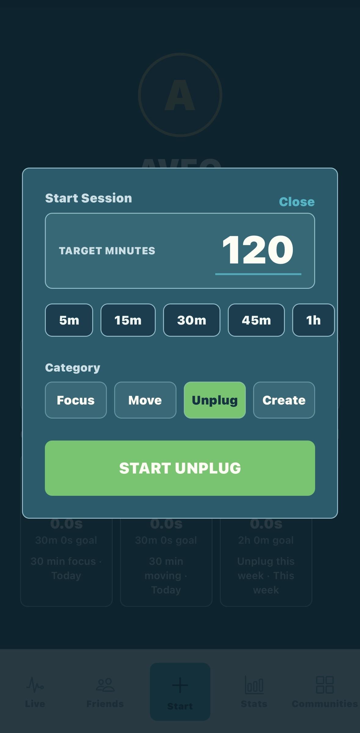 Starting an Unplug session in AVEO